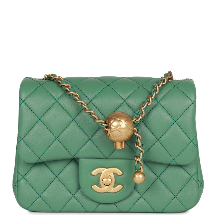 Top Quality Chanel Pearl Crush Mini Square Flap Bag Dark Green Lambskin Antique Gold Hardware