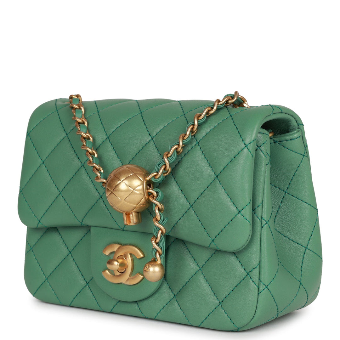 Top Quality Chanel Pearl Crush Mini Square Flap Bag Dark Green Lambskin Antique Gold Hardware