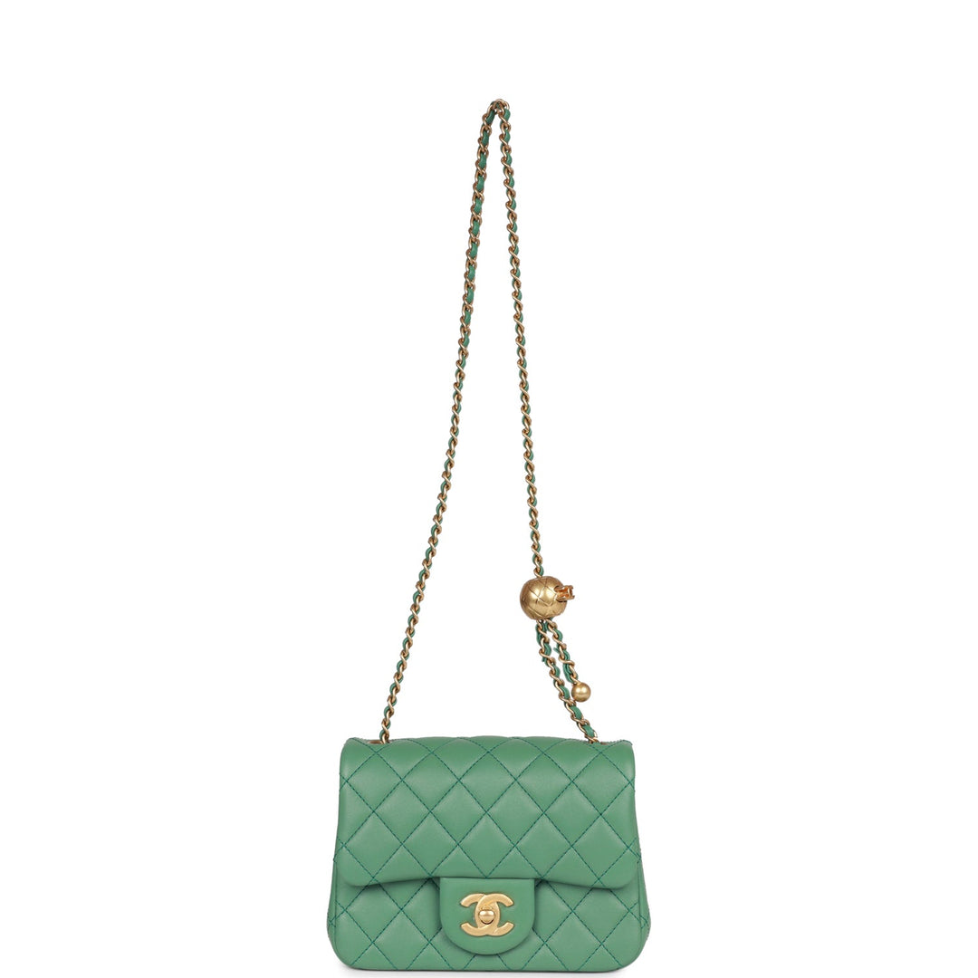 Top Quality Chanel Pearl Crush Mini Square Flap Bag Dark Green Lambskin Antique Gold Hardware