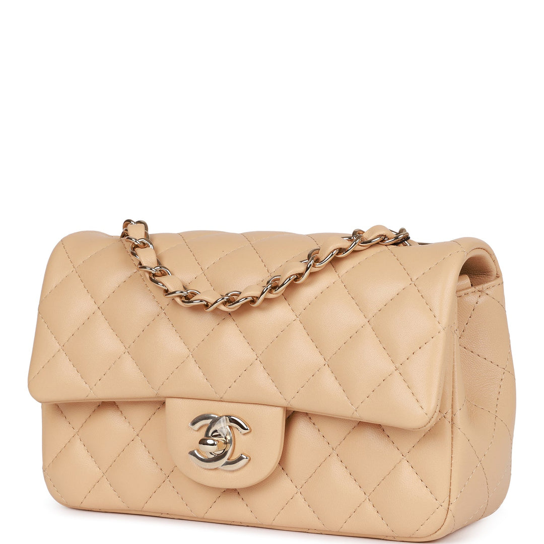 Top Quality Chanel Mini Rectangular Flap Bag Beige Lambskin Light Gold Hardware