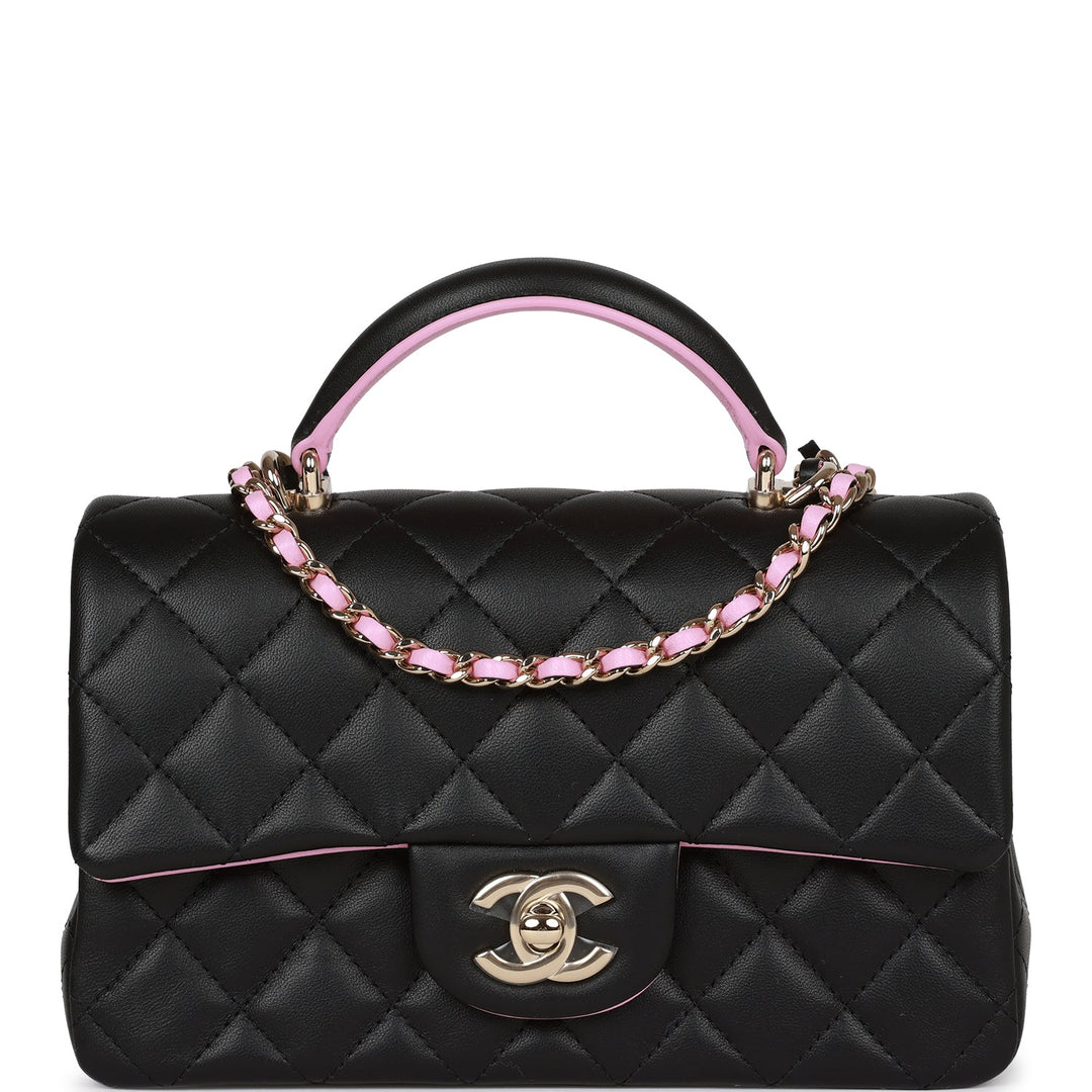 Top Quality Chanel Mini Rectangular Flap Bag with Top Handle Black and Pink Lambskin Light Gold Hardware