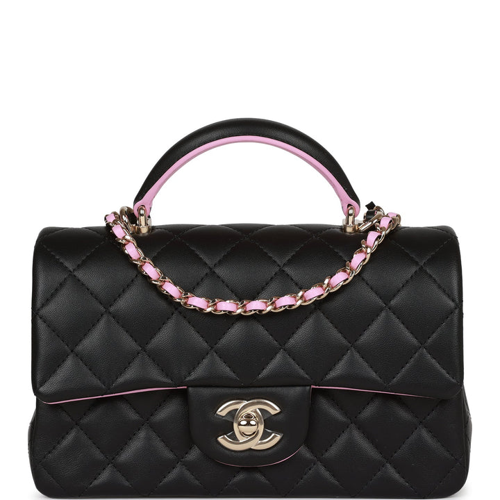 Top Quality Chanel Mini Rectangular Flap Bag with Top Handle Black and Pink Lambskin Light Gold Hardware