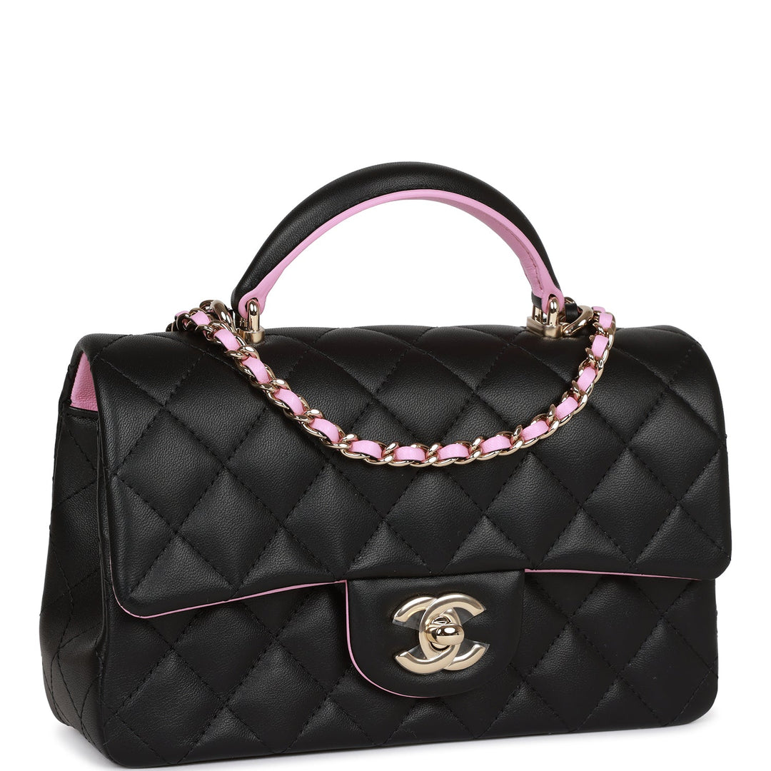 Top Quality Chanel Mini Rectangular Flap Bag with Top Handle Black and Pink Lambskin Light Gold Hardware