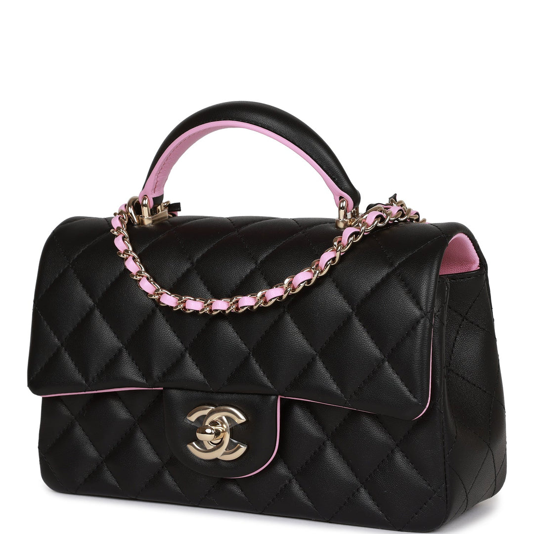 Top Quality Chanel Mini Rectangular Flap Bag with Top Handle Black and Pink Lambskin Light Gold Hardware
