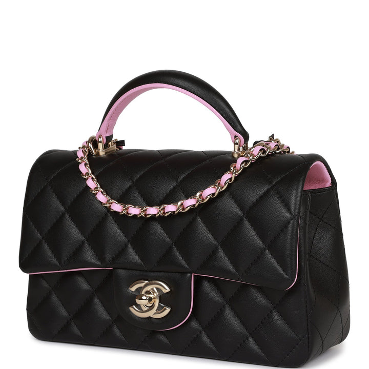 Top Quality Chanel Mini Rectangular Flap Bag with Top Handle Black and Pink Lambskin Light Gold Hardware