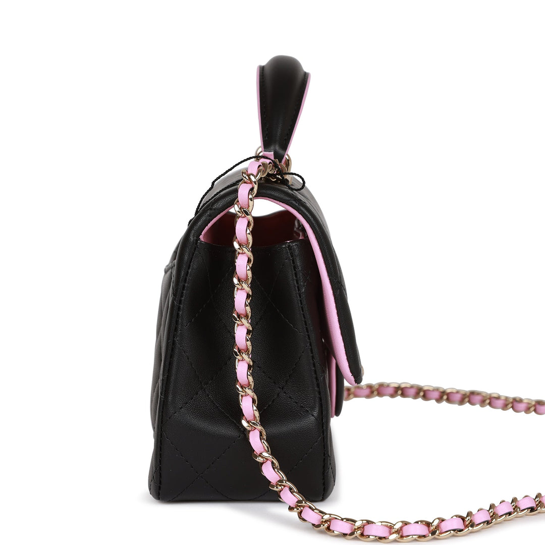 Top Quality Chanel Mini Rectangular Flap Bag with Top Handle Black and Pink Lambskin Light Gold Hardware