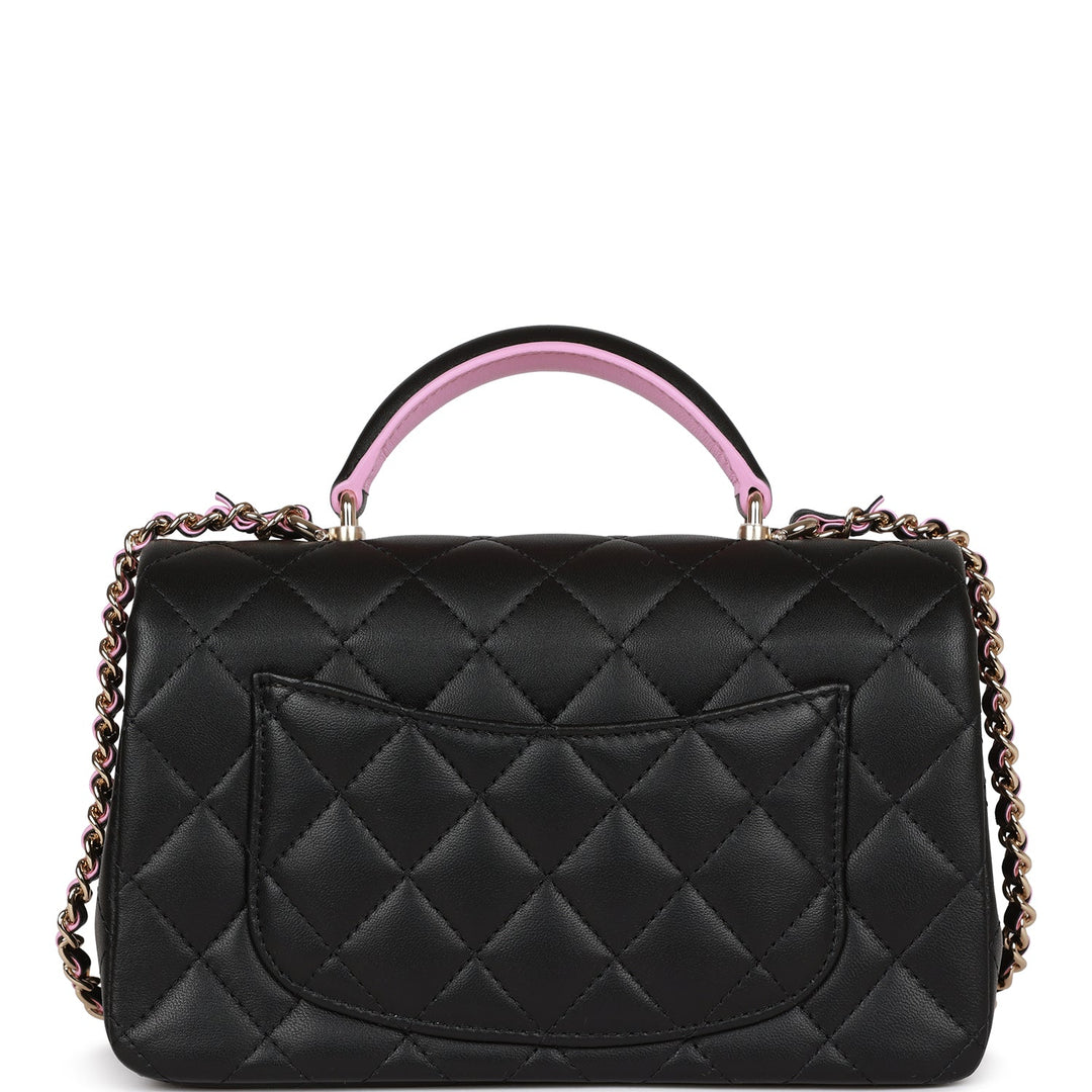 Top Quality Chanel Mini Rectangular Flap Bag with Top Handle Black and Pink Lambskin Light Gold Hardware