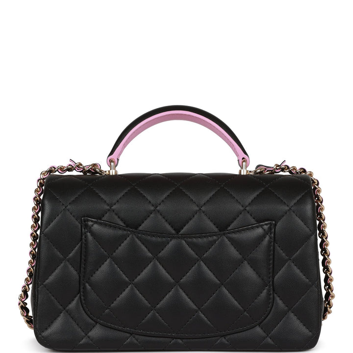 Top Quality Chanel Mini Rectangular Flap Bag with Top Handle Black and Pink Lambskin Light Gold Hardware
