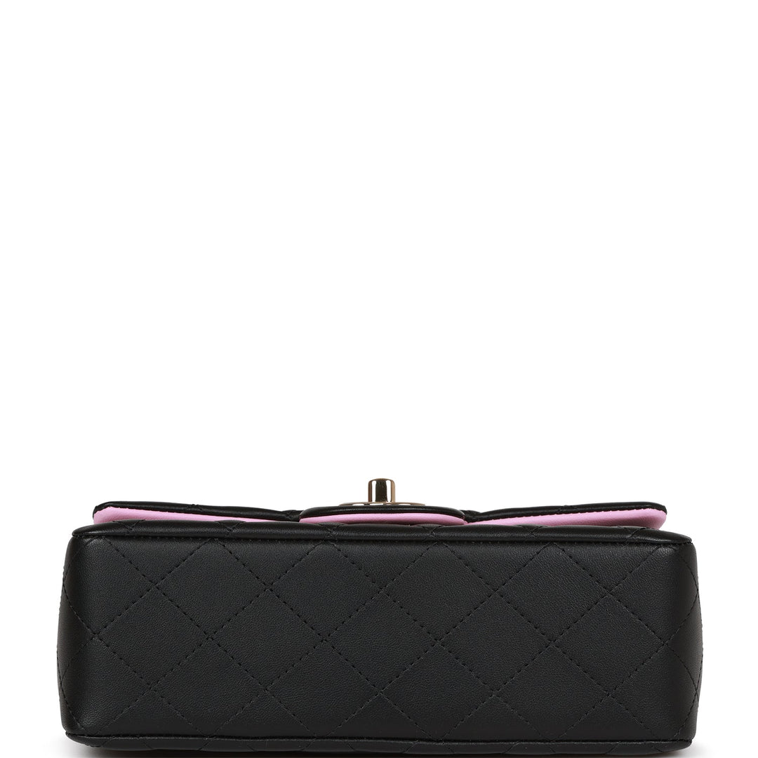 Top Quality Chanel Mini Rectangular Flap Bag with Top Handle Black and Pink Lambskin Light Gold Hardware