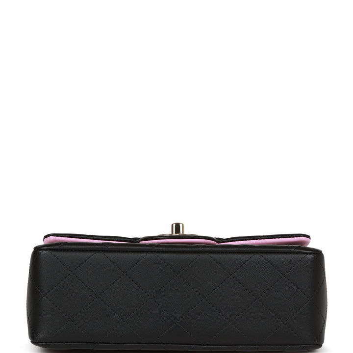 Top Quality Chanel Mini Rectangular Flap Bag with Top Handle Black and Pink Lambskin Light Gold Hardware