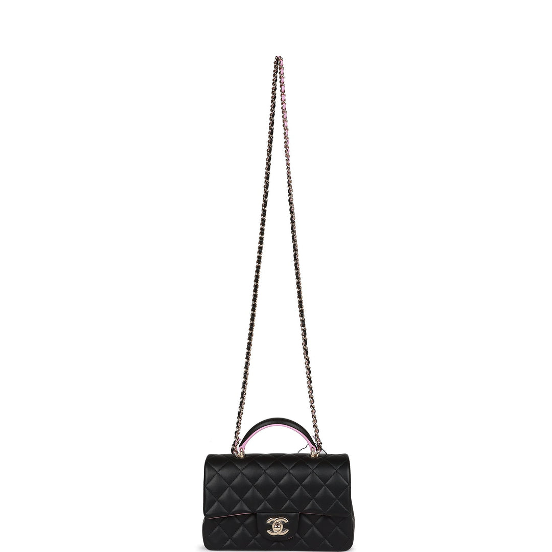 Top Quality Chanel Mini Rectangular Flap Bag with Top Handle Black and Pink Lambskin Light Gold Hardware