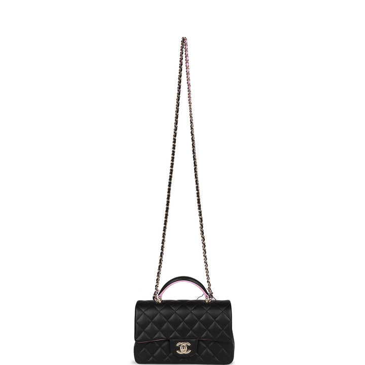 Top Quality Chanel Mini Rectangular Flap Bag with Top Handle Black and Pink Lambskin Light Gold Hardware