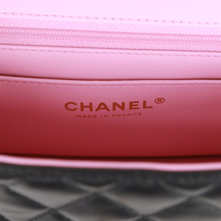 Top Quality Chanel Mini Rectangular Flap Bag with Top Handle Black and Pink Lambskin Light Gold Hardware