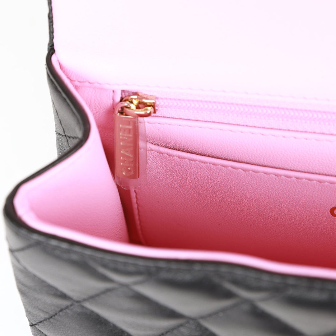Top Quality Chanel Mini Rectangular Flap Bag with Top Handle Black and Pink Lambskin Light Gold Hardware