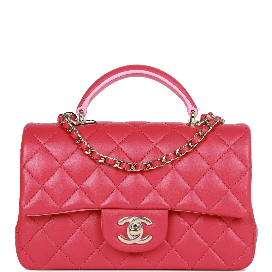 Top Quality Chanel Mini Rectangular Flap with Top Handle Pink Lambskin Light Gold Hardware