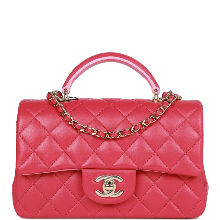 Top Quality Chanel Mini Rectangular Flap with Top Handle Pink Lambskin Light Gold Hardware