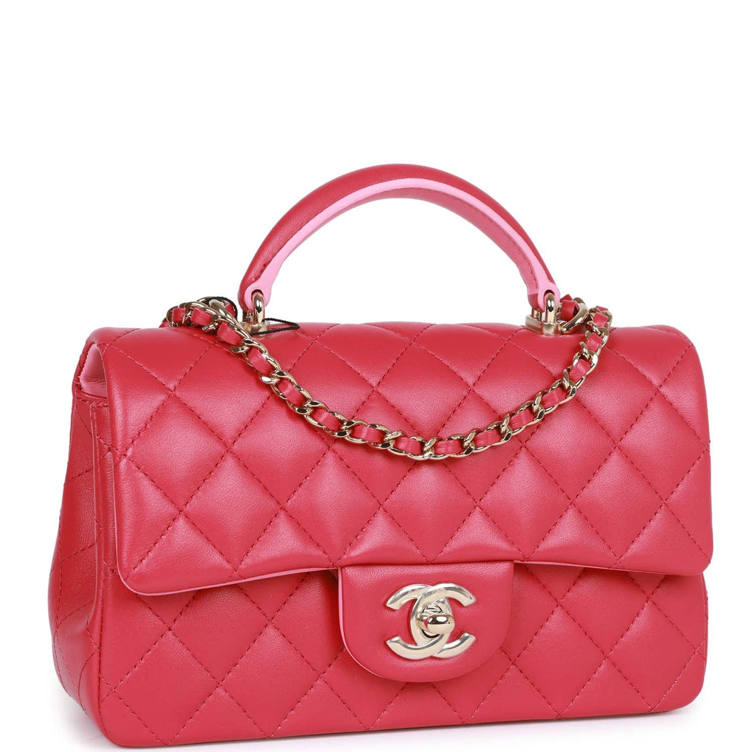 Top Quality Chanel Mini Rectangular Flap with Top Handle Pink Lambskin Light Gold Hardware