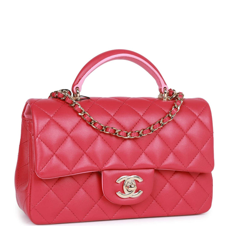 Top Quality Chanel Mini Rectangular Flap with Top Handle Pink Lambskin Light Gold Hardware