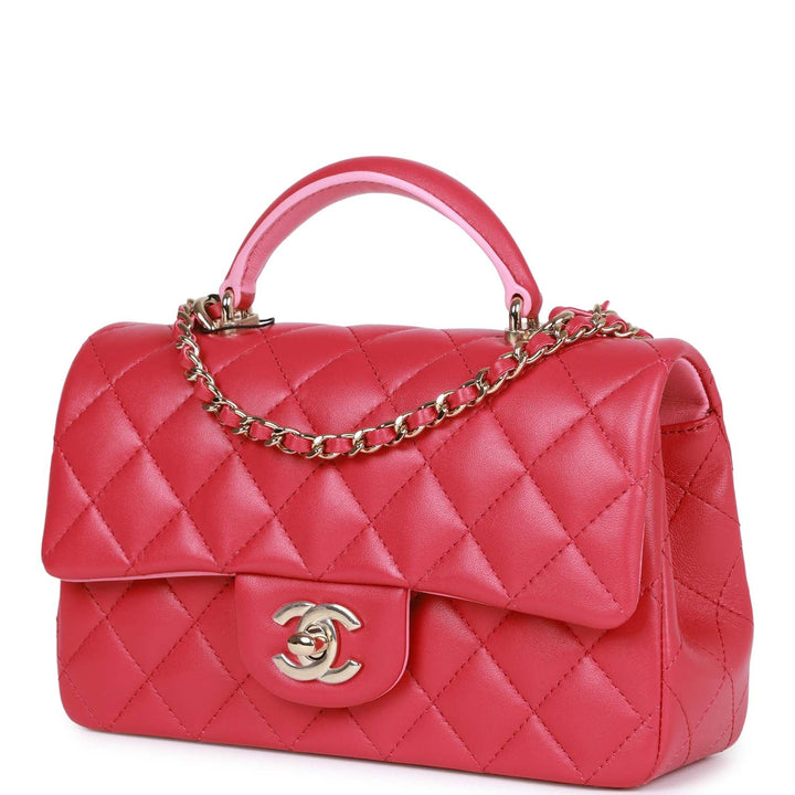 Top Quality Chanel Mini Rectangular Flap with Top Handle Pink Lambskin Light Gold Hardware