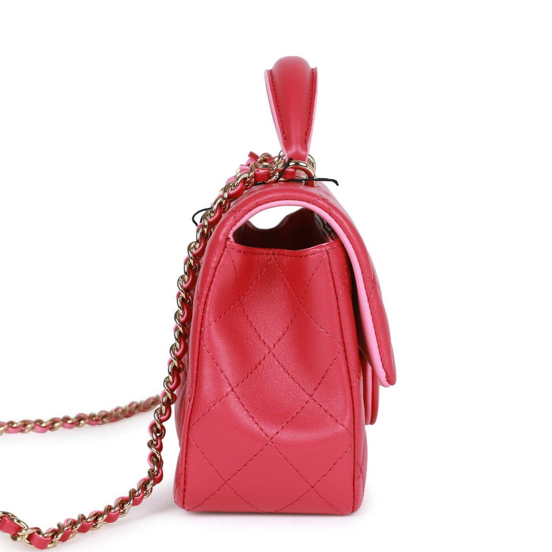 Top Quality Chanel Mini Rectangular Flap with Top Handle Pink Lambskin Light Gold Hardware