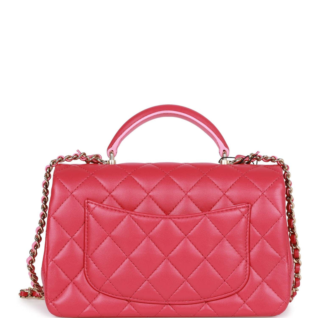 Top Quality Chanel Mini Rectangular Flap with Top Handle Pink Lambskin Light Gold Hardware