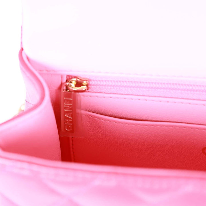 Top Quality Chanel Mini Rectangular Flap with Top Handle Pink Lambskin Light Gold Hardware
