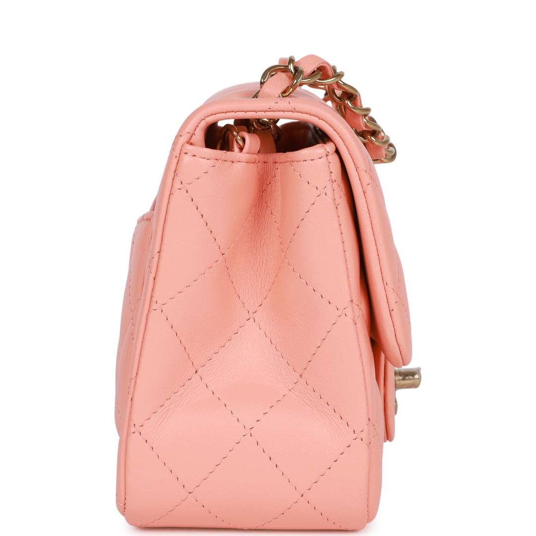 Top Quality Chanel Mini Square Flap Pink Lambskin Light Gold Hardware