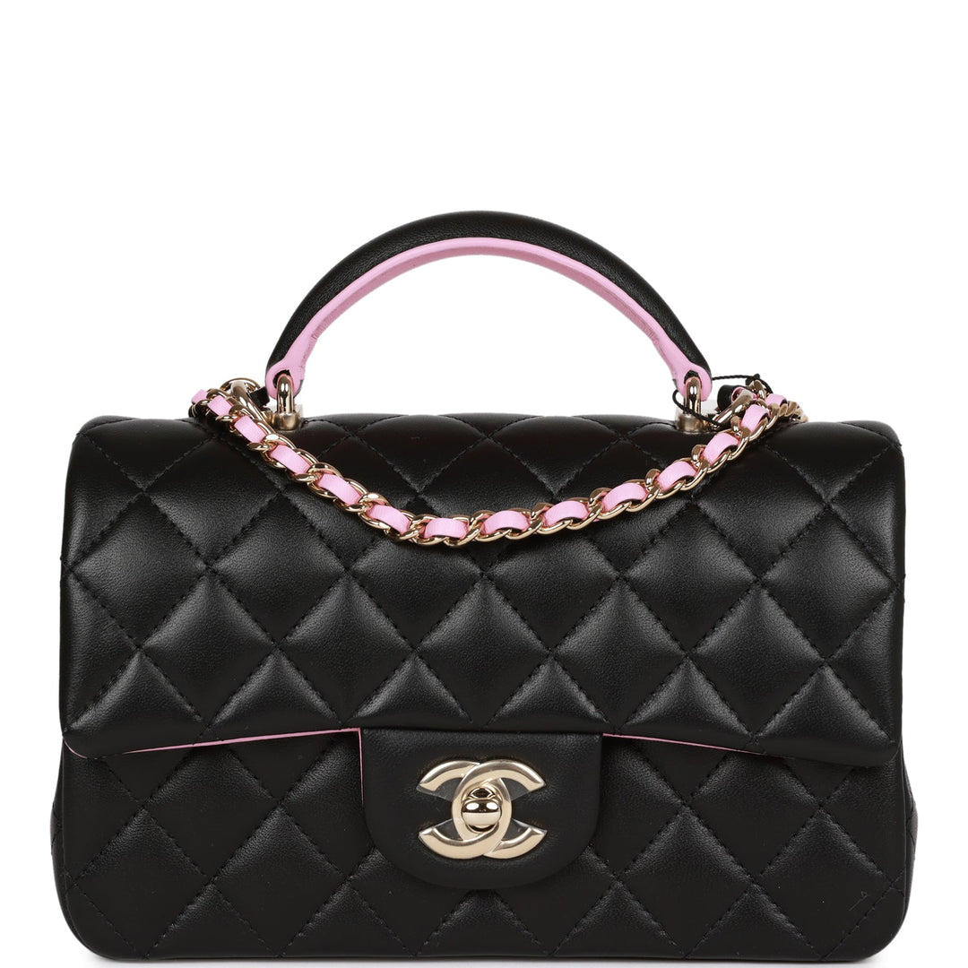 Top Quality Chanel Mini Rectangular Flap with Top Handle Black and Pink Lambskin Light Gold Hardware