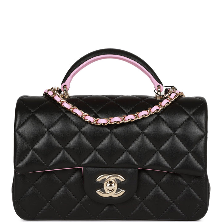 Top Quality Chanel Mini Rectangular Flap with Top Handle Black and Pink Lambskin Light Gold Hardware