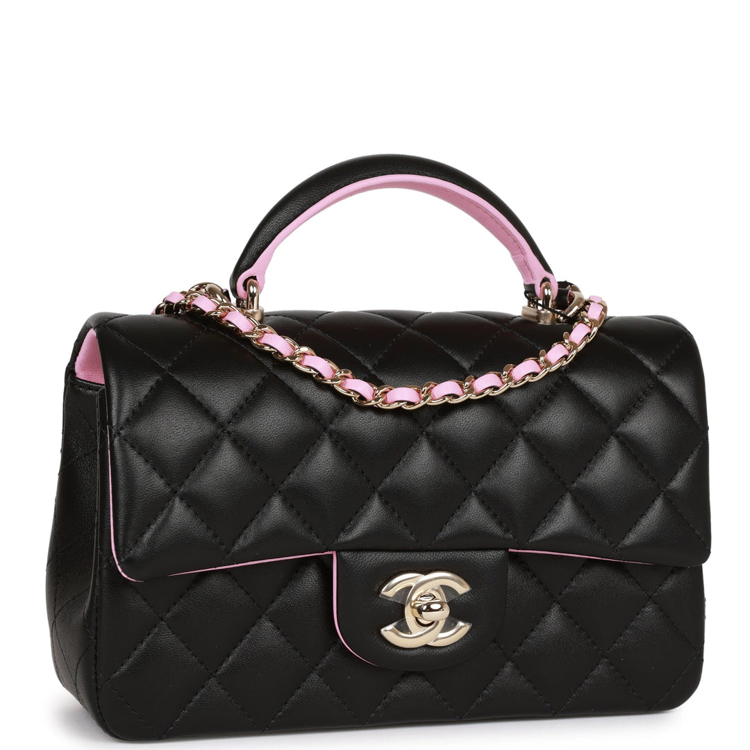 Top Quality Chanel Mini Rectangular Flap with Top Handle Black and Pink Lambskin Light Gold Hardware