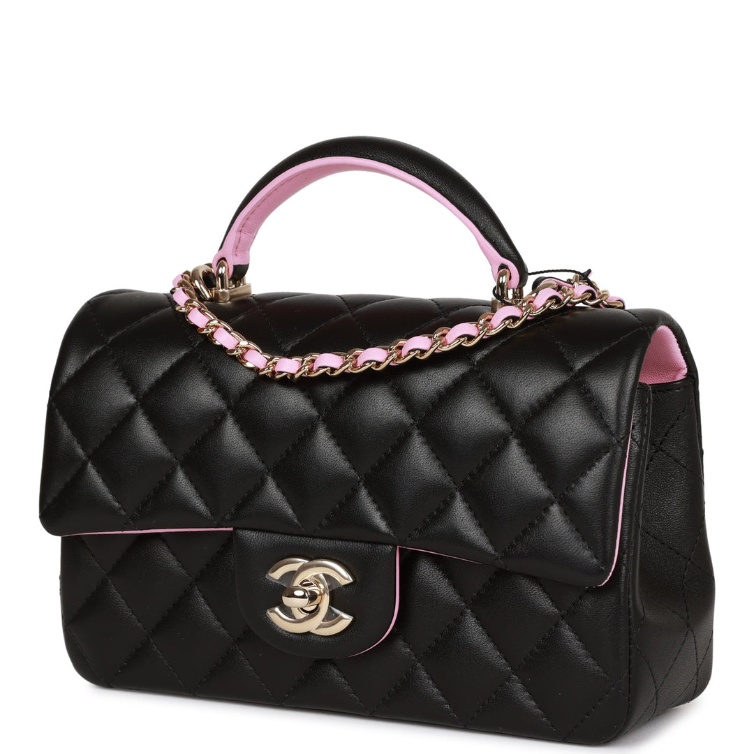 Top Quality Chanel Mini Rectangular Flap with Top Handle Black and Pink Lambskin Light Gold Hardware