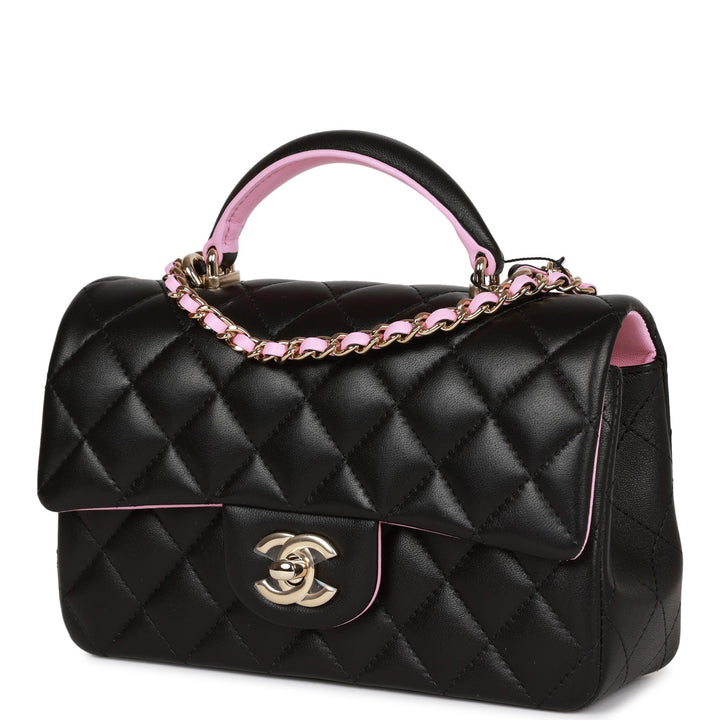 Top Quality Chanel Mini Rectangular Flap with Top Handle Black and Pink Lambskin Light Gold Hardware