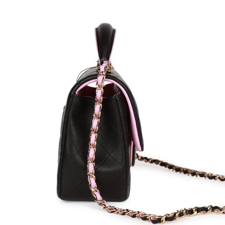 Top Quality Chanel Mini Rectangular Flap with Top Handle Black and Pink Lambskin Light Gold Hardware