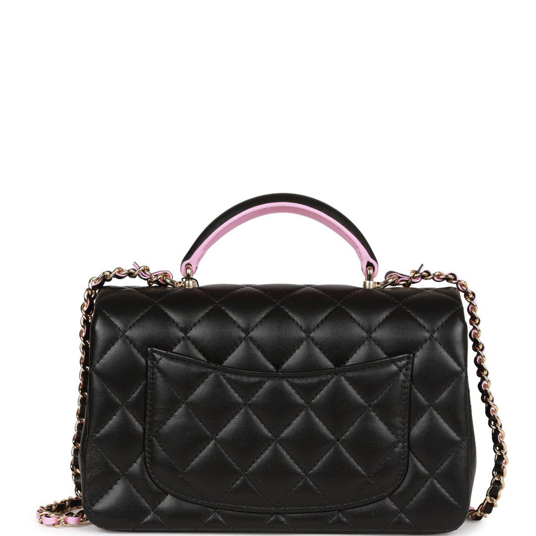 Top Quality Chanel Mini Rectangular Flap with Top Handle Black and Pink Lambskin Light Gold Hardware