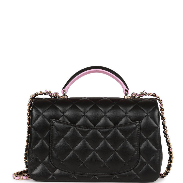 Top Quality Chanel Mini Rectangular Flap with Top Handle Black and Pink Lambskin Light Gold Hardware