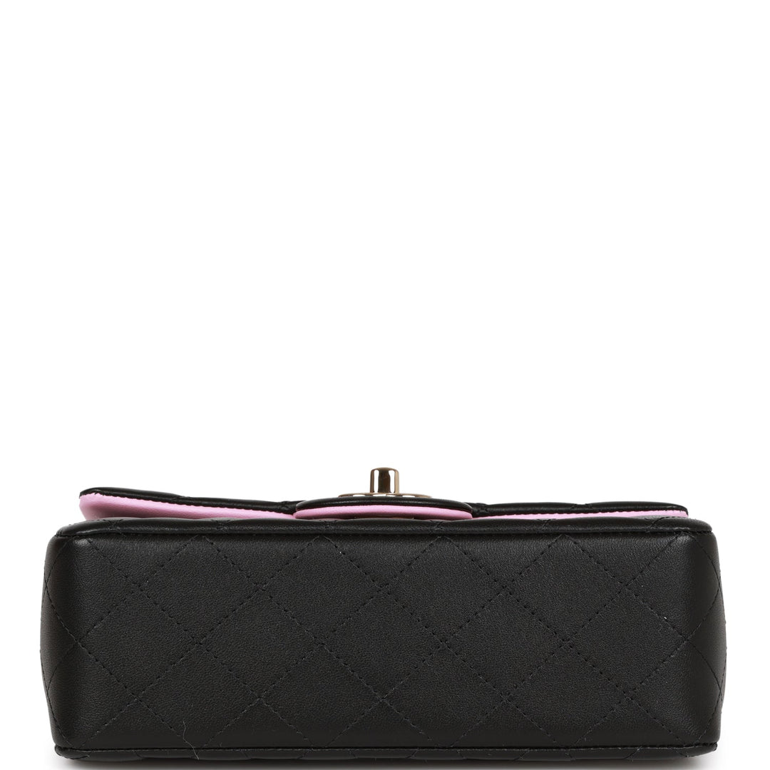 Top Quality Chanel Mini Rectangular Flap with Top Handle Black and Pink Lambskin Light Gold Hardware