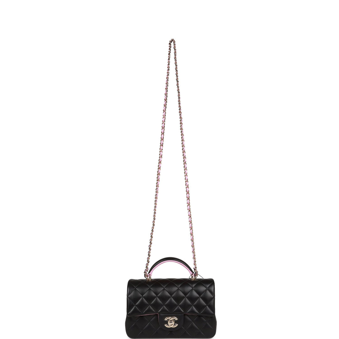 Top Quality Chanel Mini Rectangular Flap with Top Handle Black and Pink Lambskin Light Gold Hardware