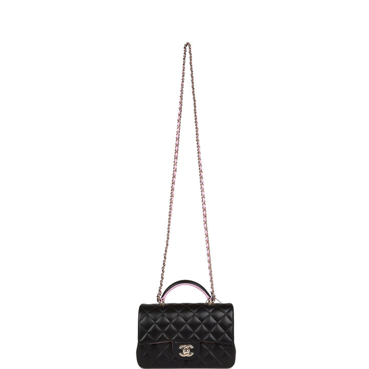 Top Quality Chanel Mini Rectangular Flap with Top Handle Black and Pink Lambskin Light Gold Hardware