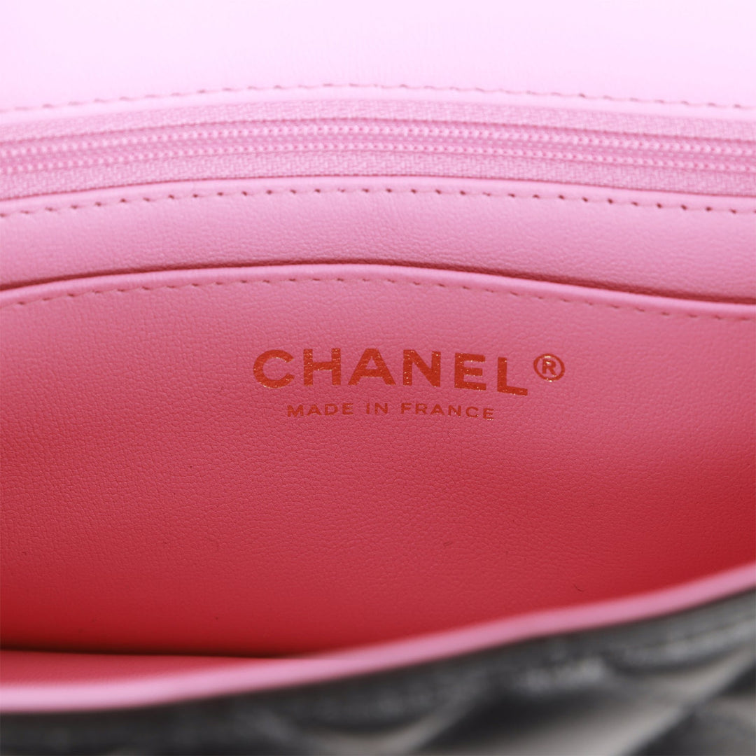 Top Quality Chanel Mini Rectangular Flap with Top Handle Black and Pink Lambskin Light Gold Hardware