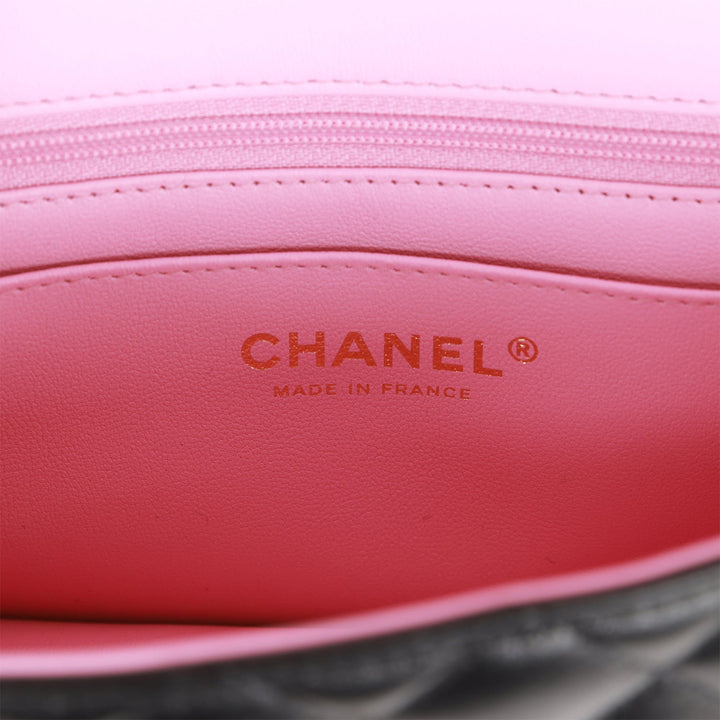 Top Quality Chanel Mini Rectangular Flap with Top Handle Black and Pink Lambskin Light Gold Hardware