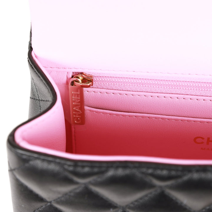 Top Quality Chanel Mini Rectangular Flap with Top Handle Black and Pink Lambskin Light Gold Hardware