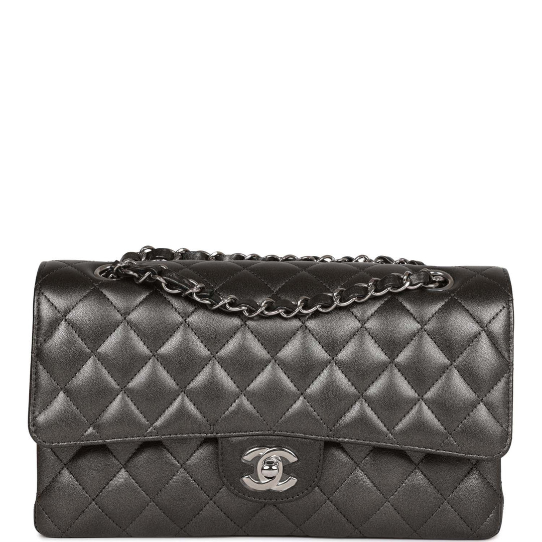 Top Quality Chanel Medium Classic Double Flap Bag Metallic Grey Lambskin Silver Hardware