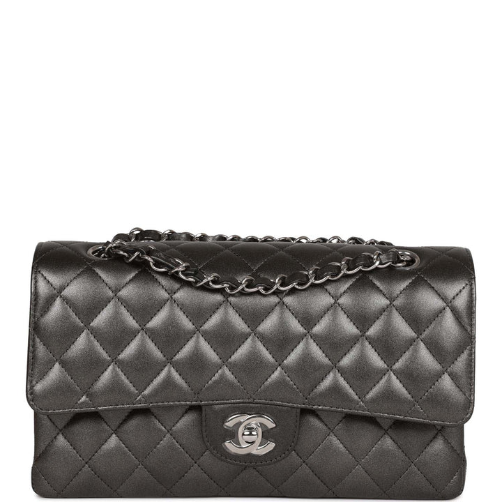Top Quality Chanel Medium Classic Double Flap Bag Metallic Grey Lambskin Silver Hardware