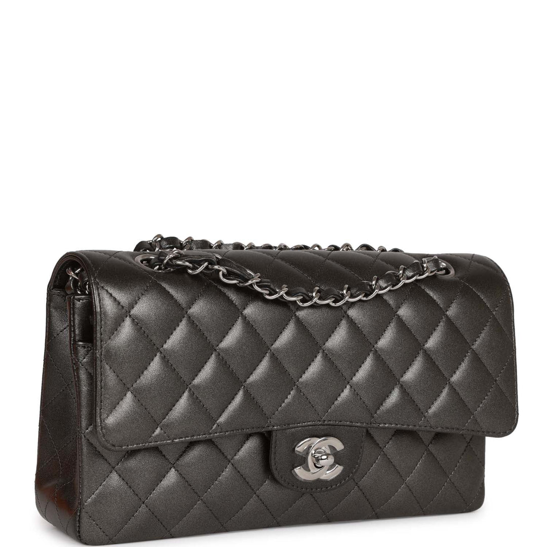 Top Quality Chanel Medium Classic Double Flap Bag Metallic Grey Lambskin Silver Hardware