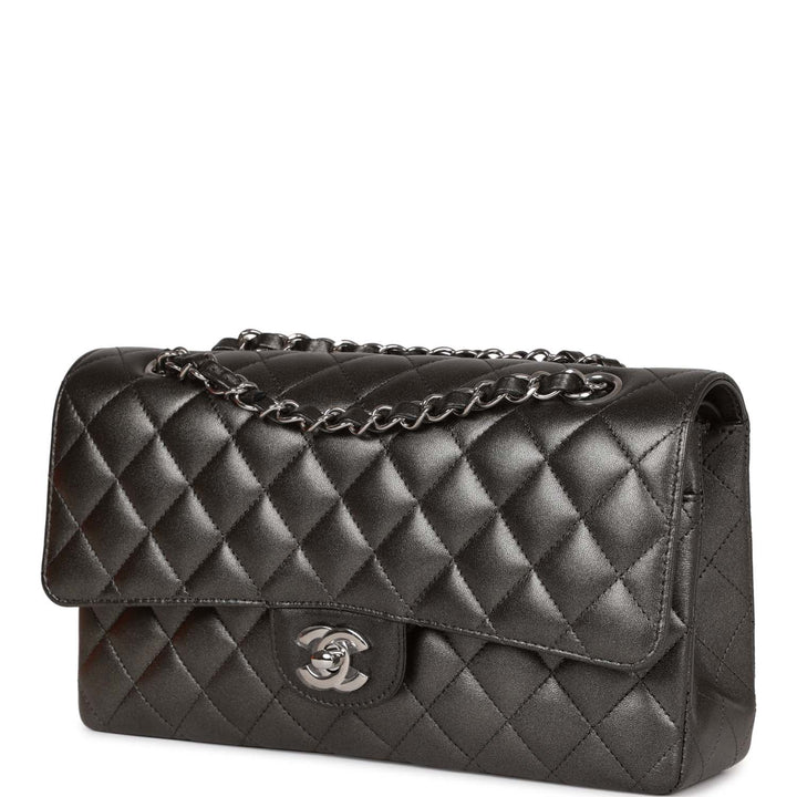 Top Quality Chanel Medium Classic Double Flap Bag Metallic Grey Lambskin Silver Hardware
