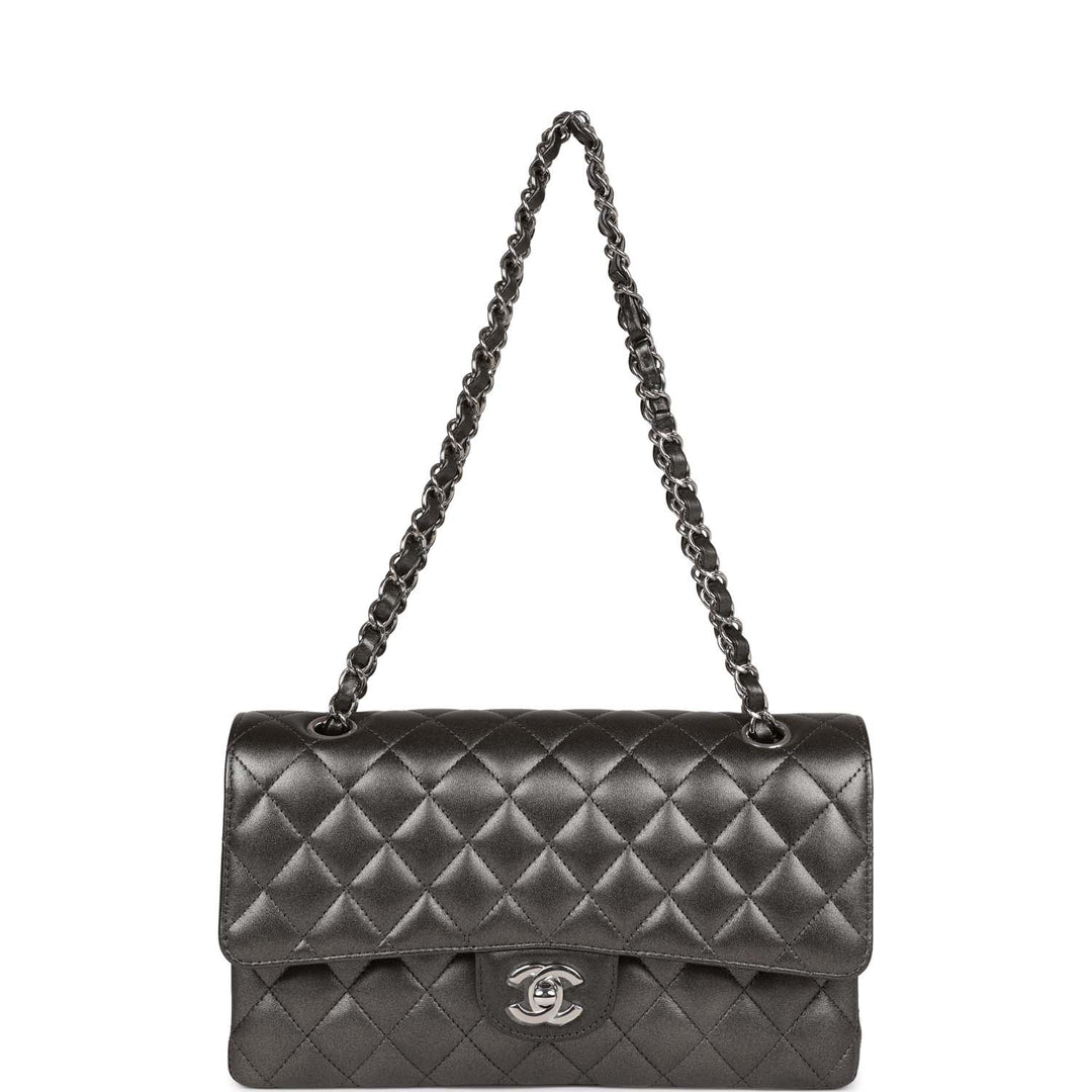 Top Quality Chanel Medium Classic Double Flap Bag Metallic Grey Lambskin Silver Hardware