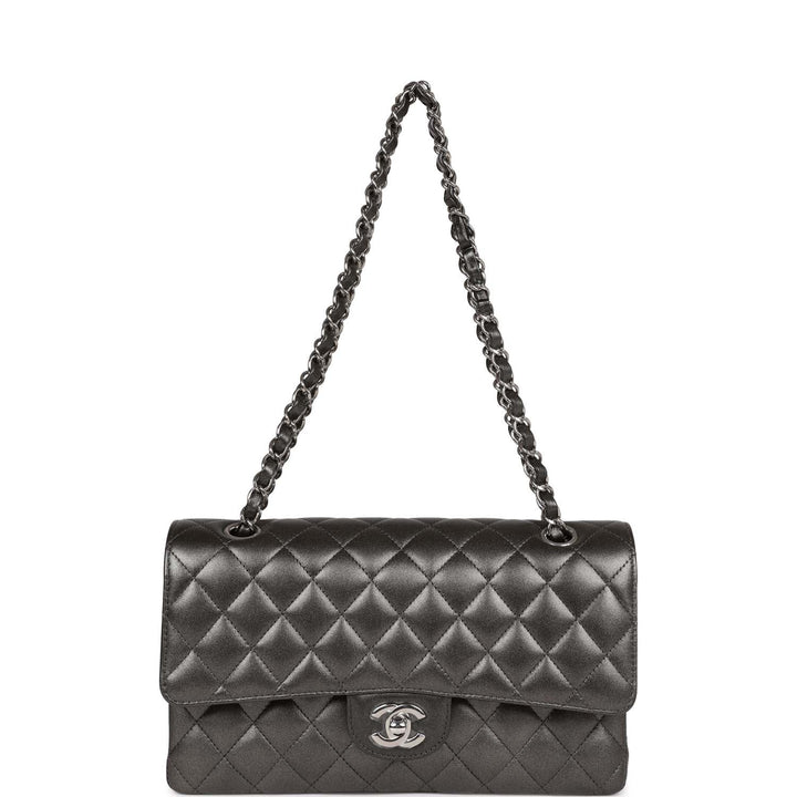 Top Quality Chanel Medium Classic Double Flap Bag Metallic Grey Lambskin Silver Hardware