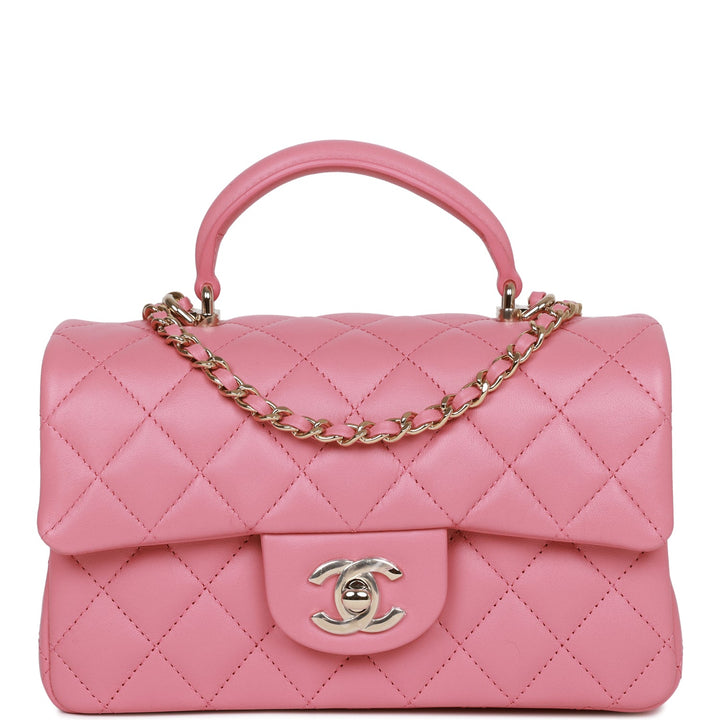 Top Quality Chanel Mini Rectangular Flap with Top Handle Dark Pink Lambskin Light Gold Hardware