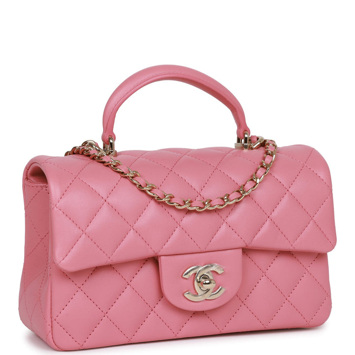 Top Quality Chanel Mini Rectangular Flap with Top Handle Dark Pink Lambskin Light Gold Hardware