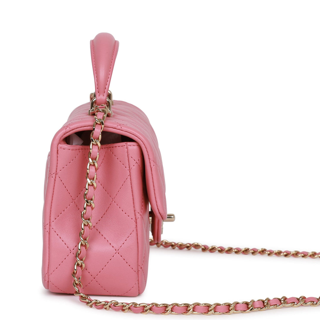 Top Quality Chanel Mini Rectangular Flap with Top Handle Dark Pink Lambskin Light Gold Hardware